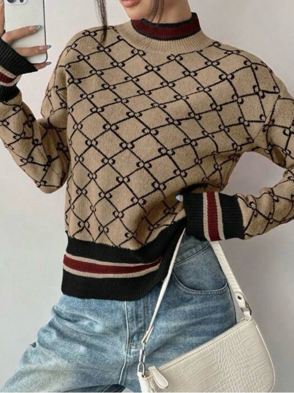 Tan Geometric Pattern Crewneck Sweater - Brand Unknown